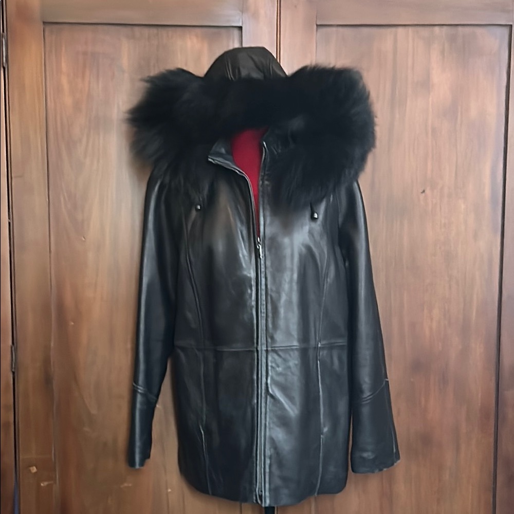 Black Leather Jacket Blue Fox Fur Trim PL